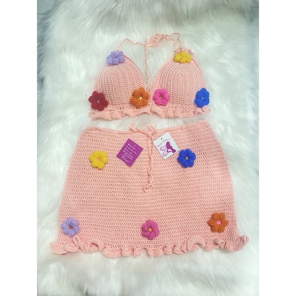 SET VÁY LEN MÓC HANDMADE VÁY BÈO ĐÍNH HOA - BIKINI LEN MÓC