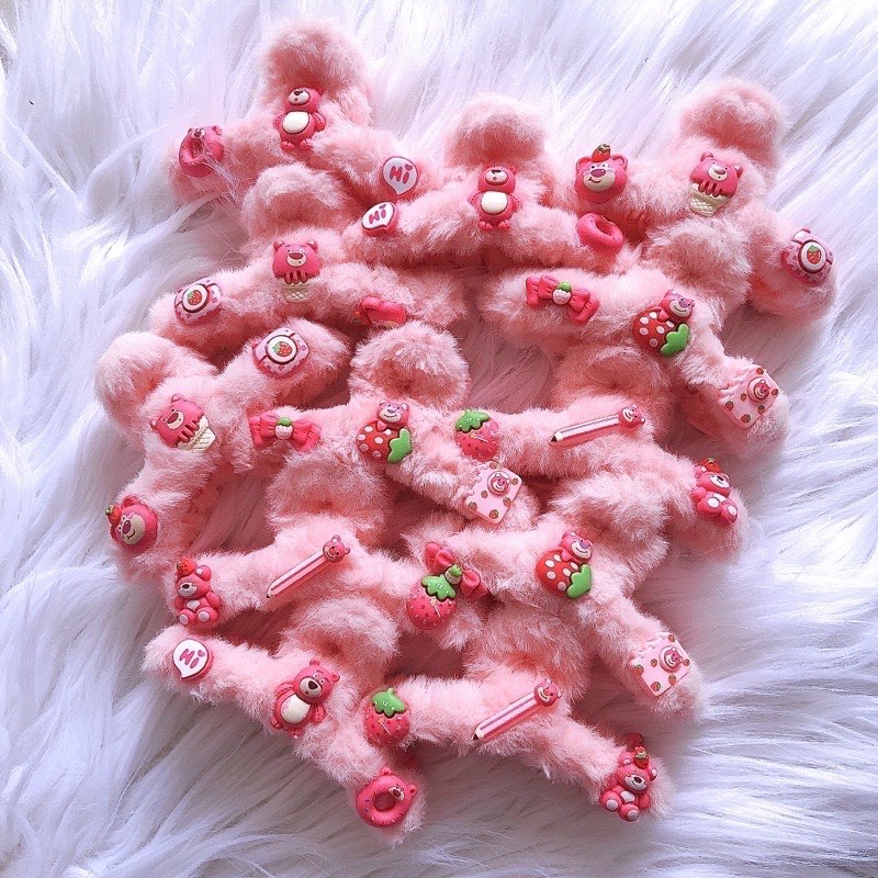 Kẹp Tóc Hình Gấu Dâu Tây Phủ Lông Phong Cách Hàn Quốc Xinh Xắn Hot Trend/