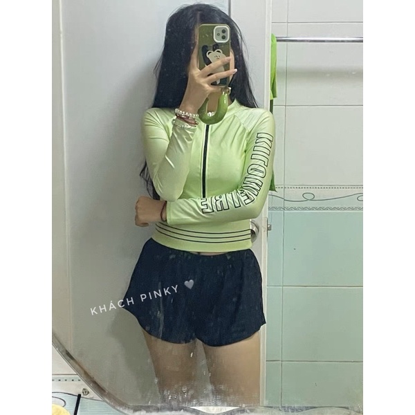 Đồ bơi nữ tay dài, áo tắm 2 mảnh kín đáo, chống nắng màu xanh