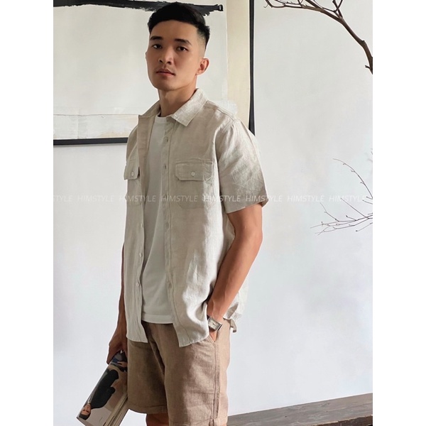 Áo Sơmi Tay Ngắn 2Túi Kem Tiêu Thoáng Mát