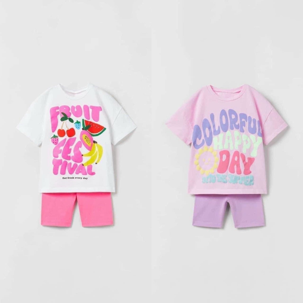 Sét 2 bộ in chữ- hình hoa quả cộc tay quần đùi chất cotton mềm cho bé gái