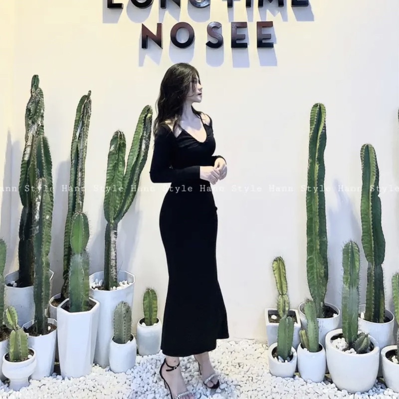 Đầm Body Dáng Dài Đuôi Cá Tay Dài Dây Cổ Sang chảnh Nữ Tính Thời Trang Nữ Nine Clothing