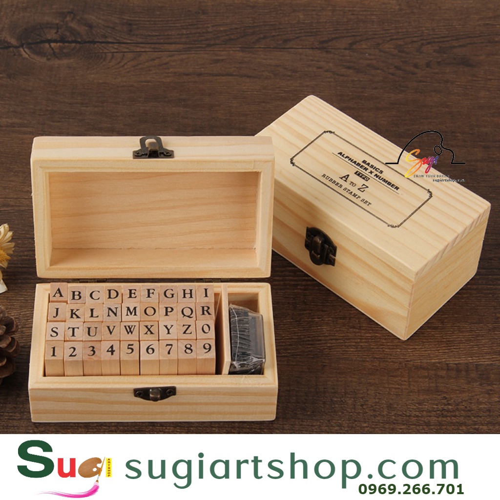 Bộ 36 con dấu bằng gỗ deco vintage - Full chữ cái Alphabet + Chữ số + 1 Hộp mực đóng dấu