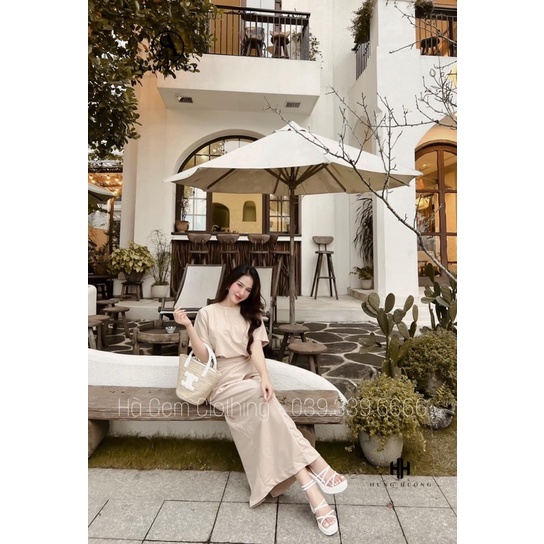 Set váy nữ dáng dài gồm áo cotton cơ bản mix chân váy quấn vạt