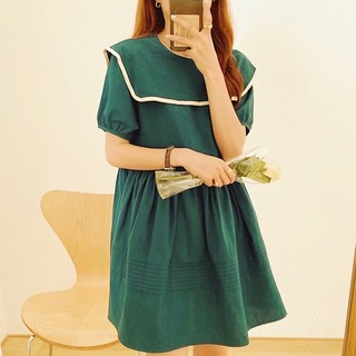 Đầm babydoll xanh lính viền trắng