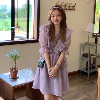 (ORDER) Váy voan tay phồng cổ V phối viền bèo điệu đà xòe ngắn babydoll màu tím pastel nhẹ nhàng vintage