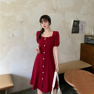 Đầm cổ vuông nút ngọc 2 màu