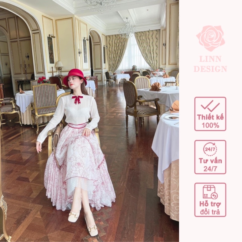 Set áo ren cổ nơ, chân váy tơ in hoa Moli by Linn Design