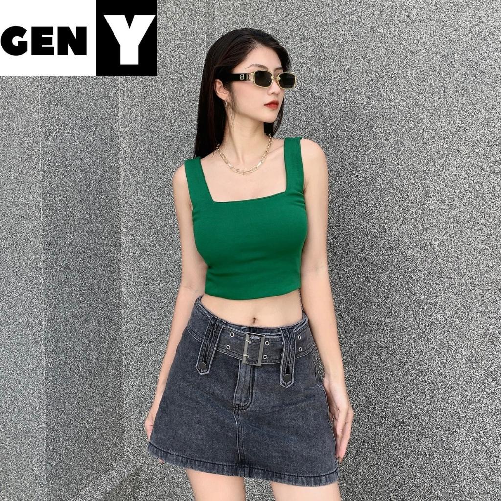 Áo 2 dây bản to có mút ngực cổ vuông GenY Áo croptop hai dây có bigsize ôm body may 2 lớp vải borip dày dặn -2D5- | BigBuy360 - bigbuy360.vn