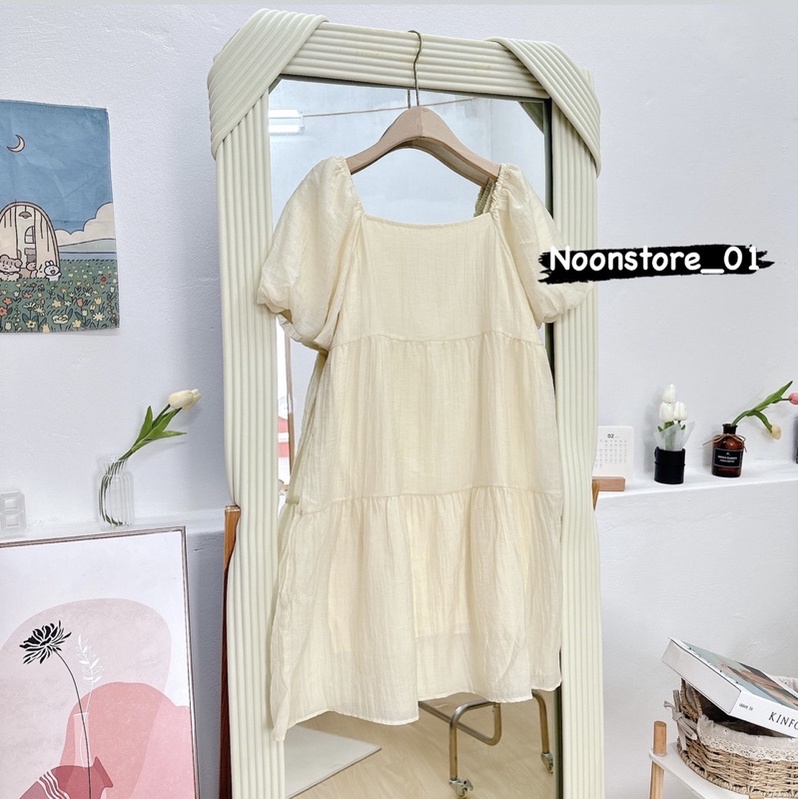 Đầm cổ chữ U dáng babydoll 2 tầng siêu xinh hàng 2 lớp cận chất - hàng có sẵn