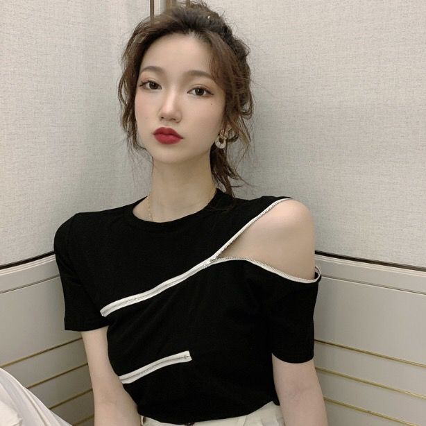 Áo Kiểu Trễ Vai Tay Ngắn Phối Khoá Kéo Thời Trang Mùa Hè Cho Phái Nữ