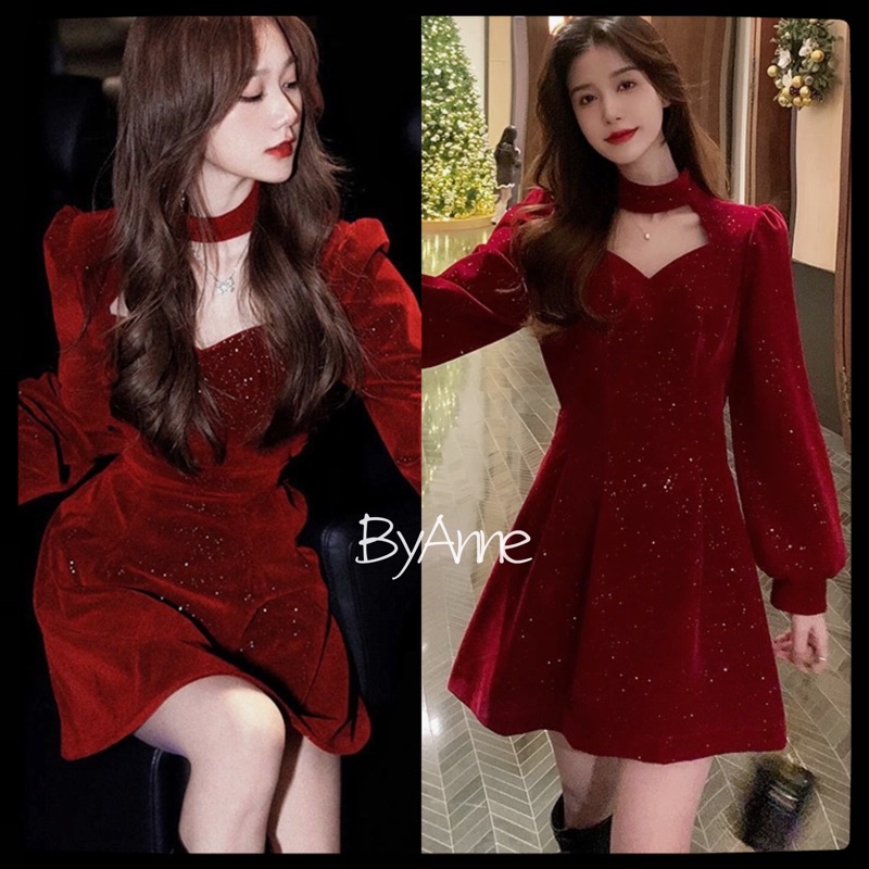 VIDEO ẢNH THẬT🖤Đầm tiểu thư nhung đỏ lấp lánh cổ v bling bling sang chảnh/Váy bánh bèo ulzzang xoè vintage retro