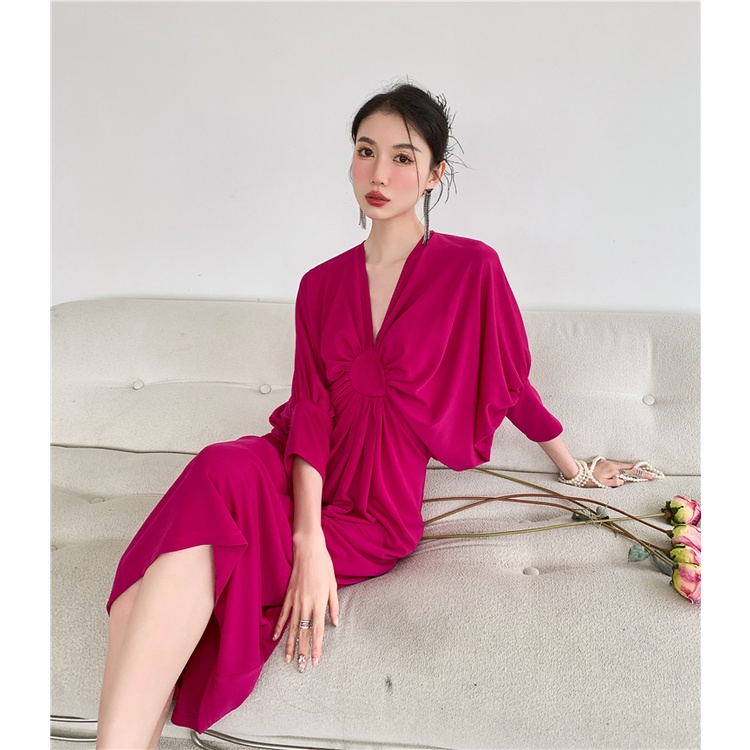 (Hàng quảng châu Taobao size S M L ) Váy Lụa Rúm Ly Ngực Tròn Hồng Cổ V Dáng Xuông Du Lịch Tiệc Dạ Hội