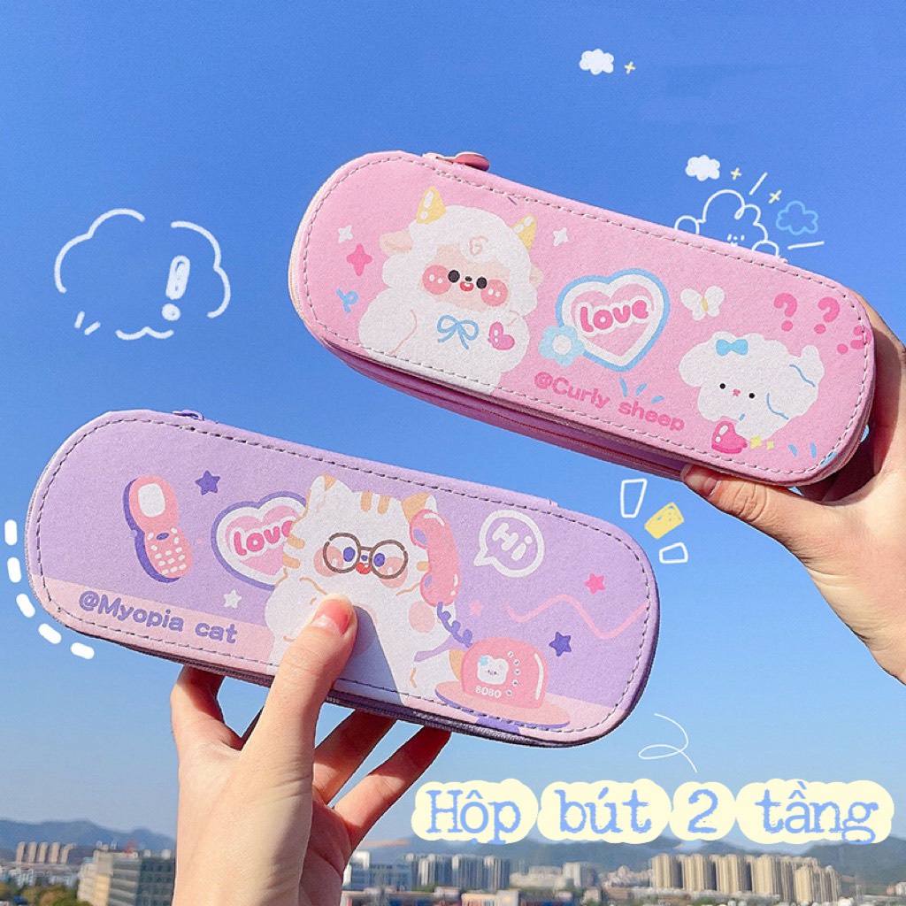 Hộp Bút Da PU Hình Oval 2 Tầng Hoạt Hình Dễ Thương