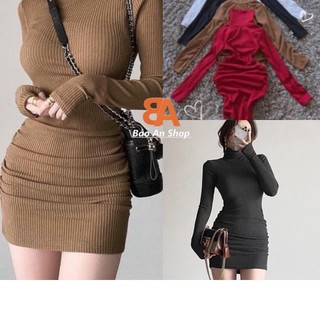 (2HAND) Đầm body cổ cao tay dài chất gân