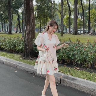 Đầm Hoa Cổ V Kèm Đai Thắt Eo Mã KH01