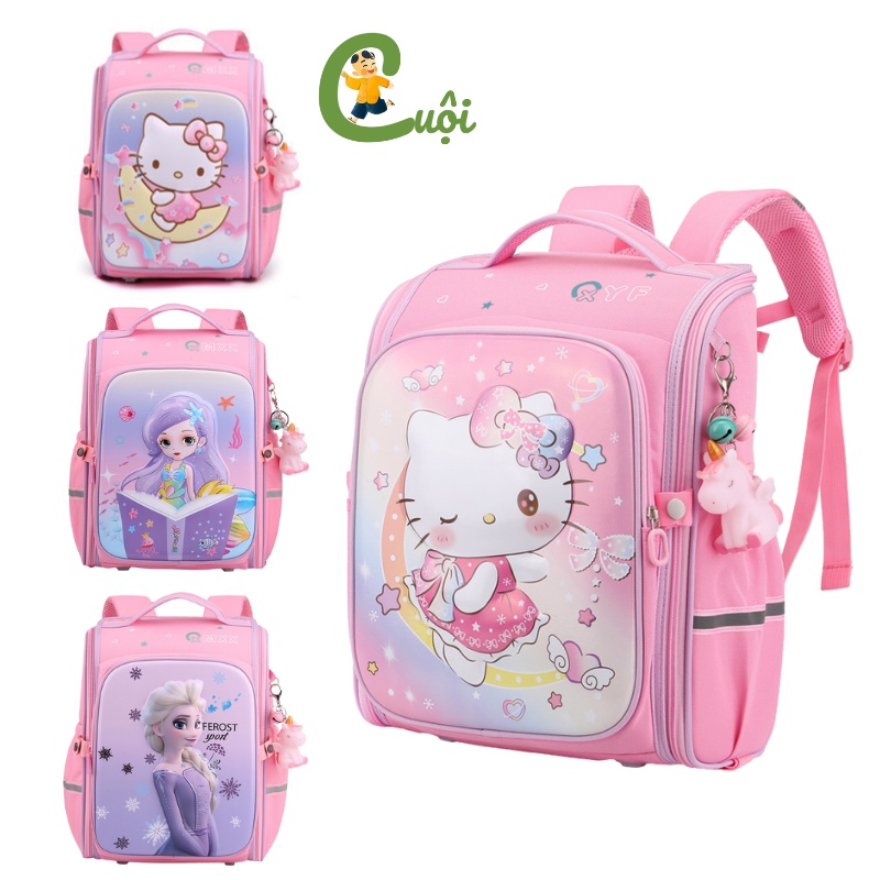 Balo chống gù, cặp sách cho bé gái đi học tiểu học lớp 1 2 3 họa tiết 3D Kitty Công chúa Elsa Cuội Store