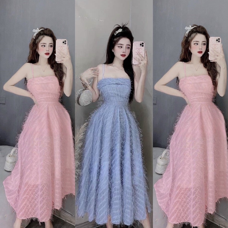 Đầm 2 Dây Cúp Ngực Lông Vũ Dáng Dài Xoè Có Lót