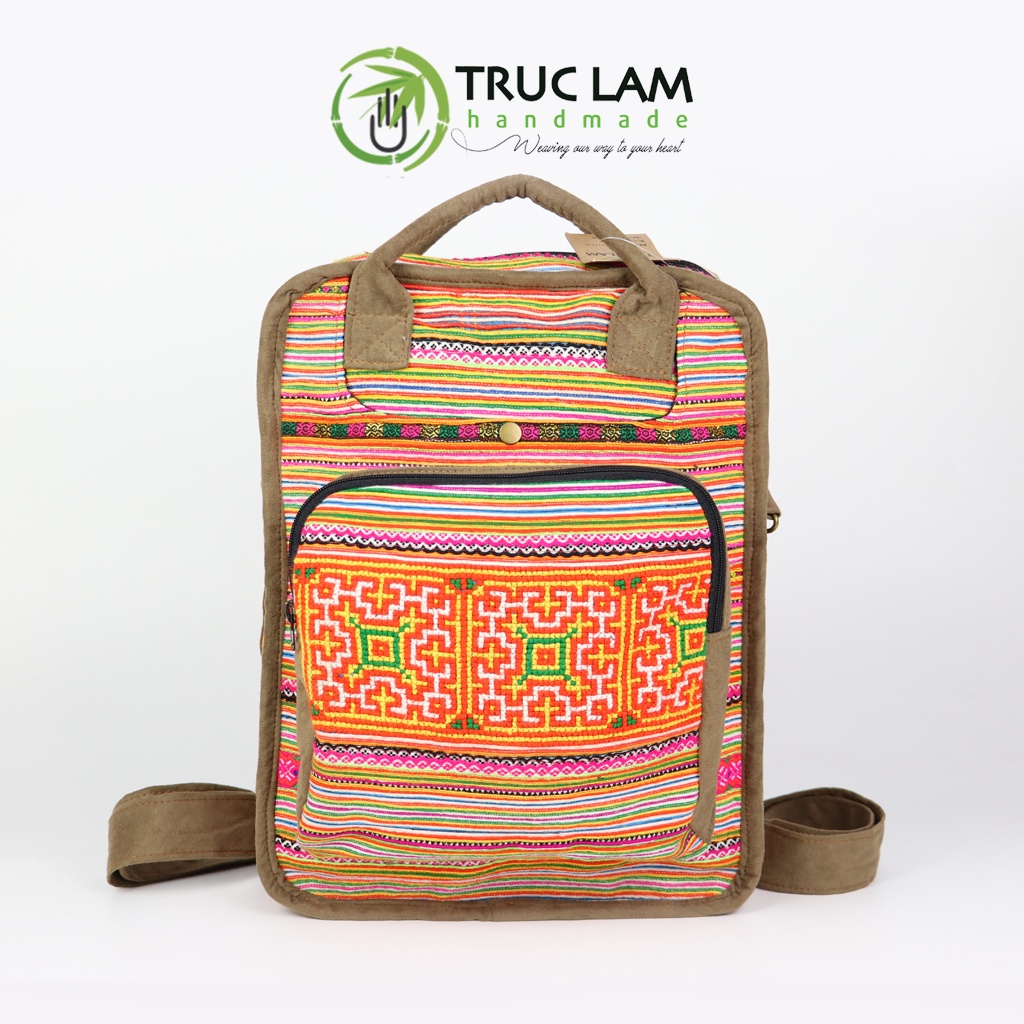 Balo Nam Nữ Thời Trang Unisex Trúc Lâm Handmade TCBL08 Vải Thổ Cẩm Phối Viên Da Lộn Cao Cấp Kiểu Dáng Đa Năng Hiện Đại