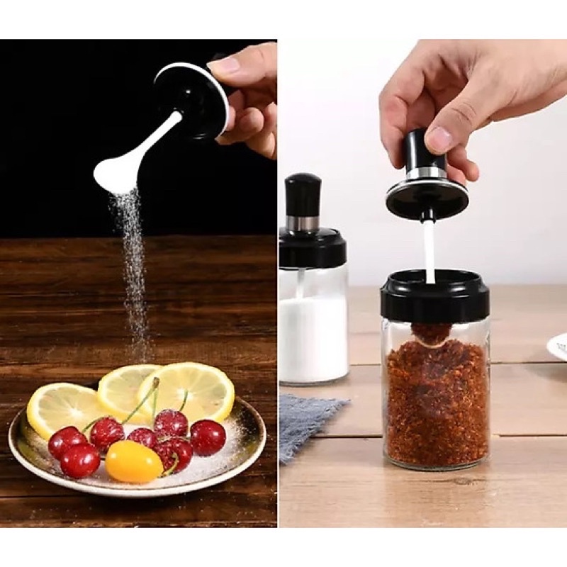 (Hàng đẹp) Hủ đựng gia vị bằng thủy tinh có thìa, lọ đựng gia vị kèm muỗng thông minh