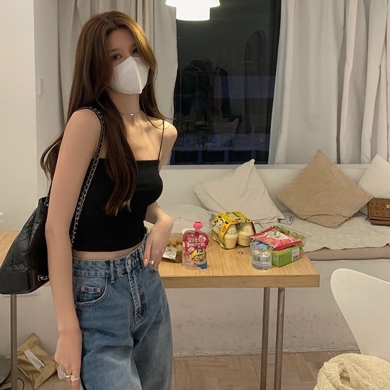 Áo hai dây LANJIEXI dệt kim màu sắc đơn giản thời trang quyến rũ cho nữ