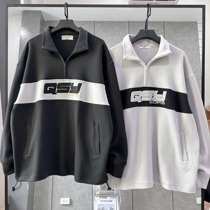 Áo Sweater cổ Phối Zip Vải Nỉ Bông QYS màu ĐEN/XÁM Form Rộng Ulzzang 🔥/Nam nữ unisex/Áo Sweater có cổ Jaystoree 🏁