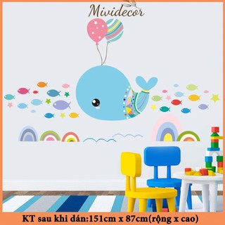 Decal dán tường cho bé Mividecor cá voi xanh đáng yêu