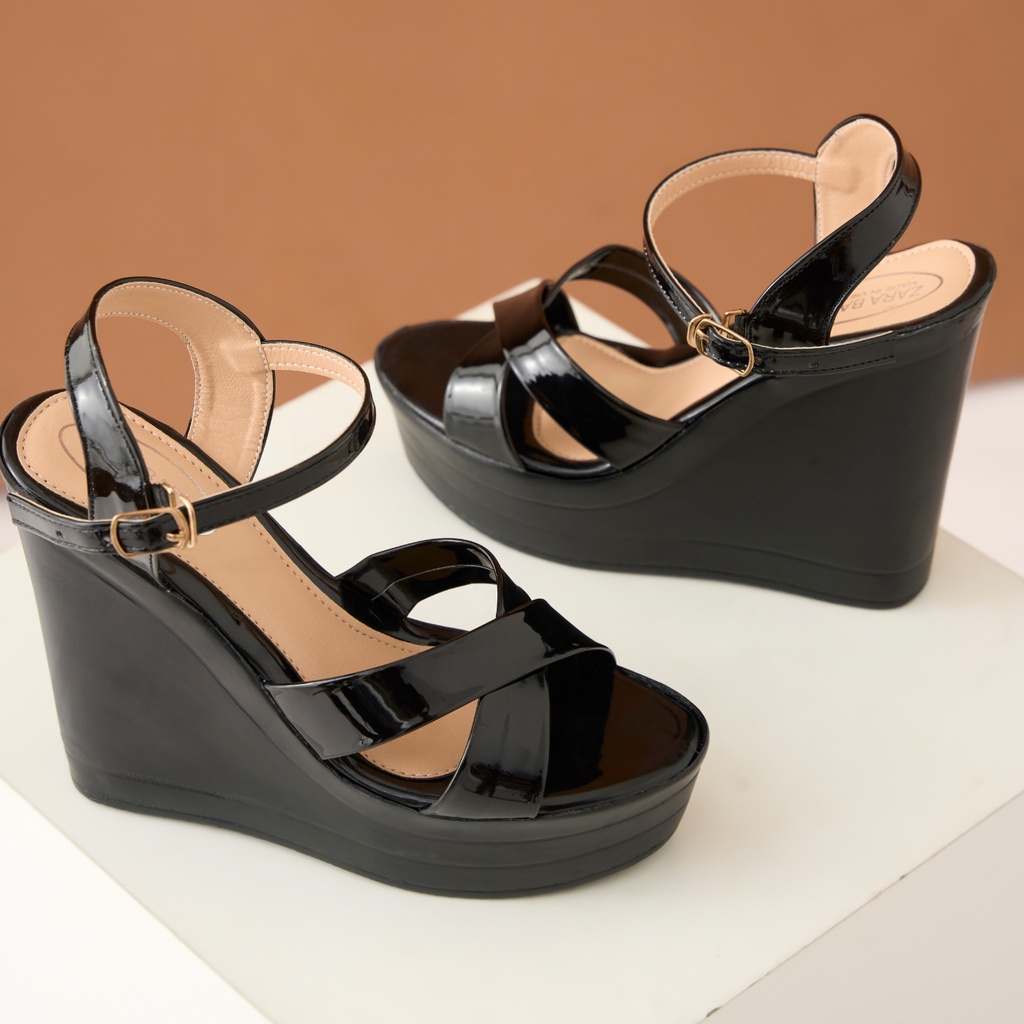 Giày sandal đế xuồng cao gót quai chéo 12 phân thiết kế cân bằng