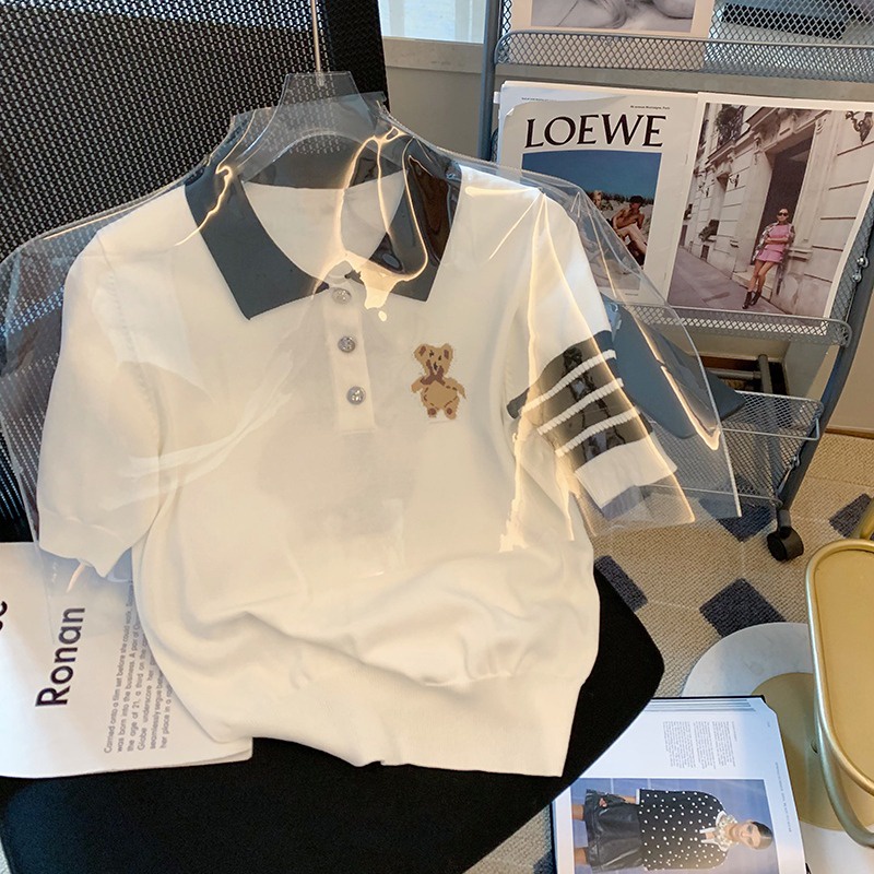 Minimalist Labo Áo thun polo dệt kim tay ngắn thêu hình gấu dễ thương