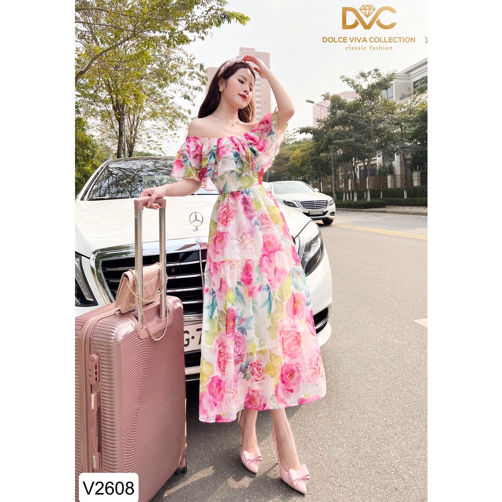 VÁY HOA MAXI HỒNG HOA TRỄ VAI V2608 - DVC