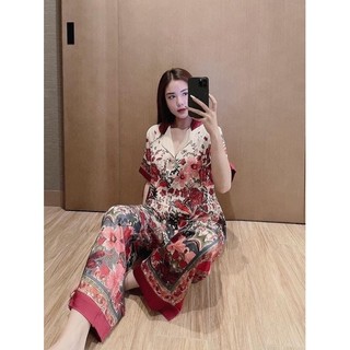 [LỤA XƯỚC] Đồ Bộ Pijama Hoa Đỏ Thiết Kế