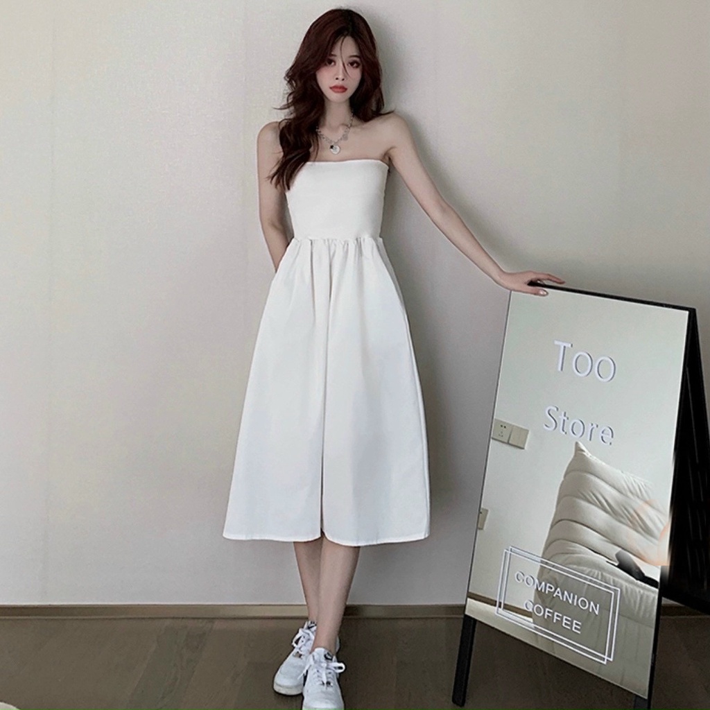 Đầm váy freesize midi trắng cúp ngực