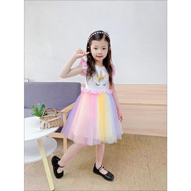 Váy đầm hoạ tiết và ren lưới cầu vồng cho bé gái. Mã hàng: NK0046