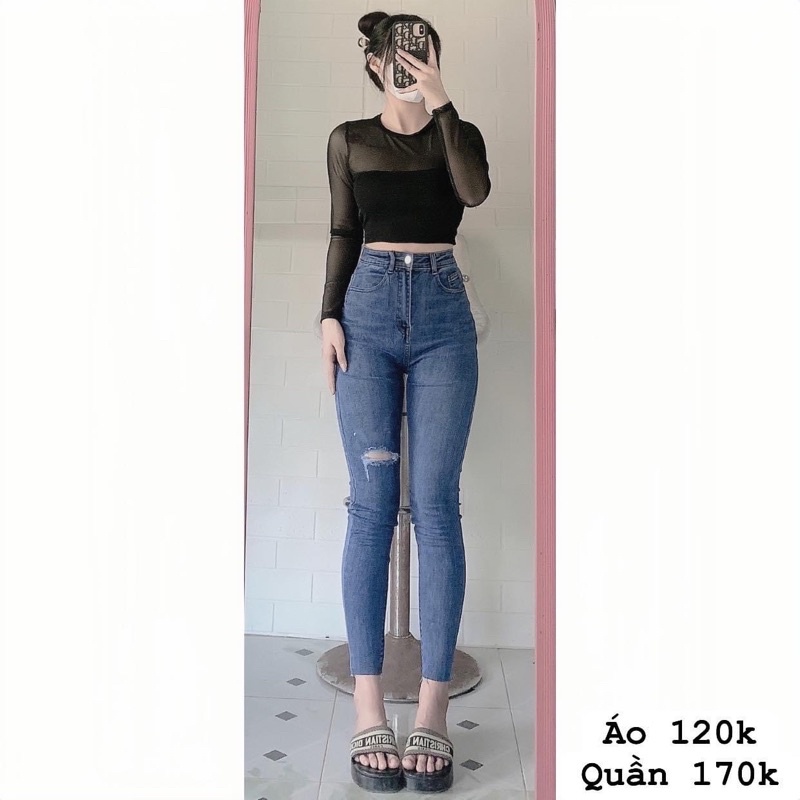 Set jeans dài co giãn rách 1line + croptop tay dài phối lưới