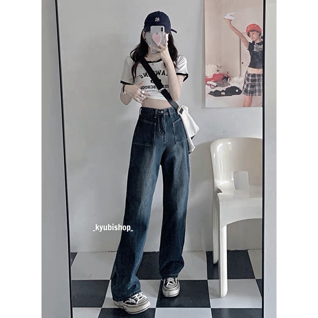 Quần jean dài ống rộng lưng cao retro túi trước màu xanh xám bạc cực chất (Có bigsize) - Quần jeans nữ suông KYUBI JK704 | BigBuy360 - bigbuy360.vn