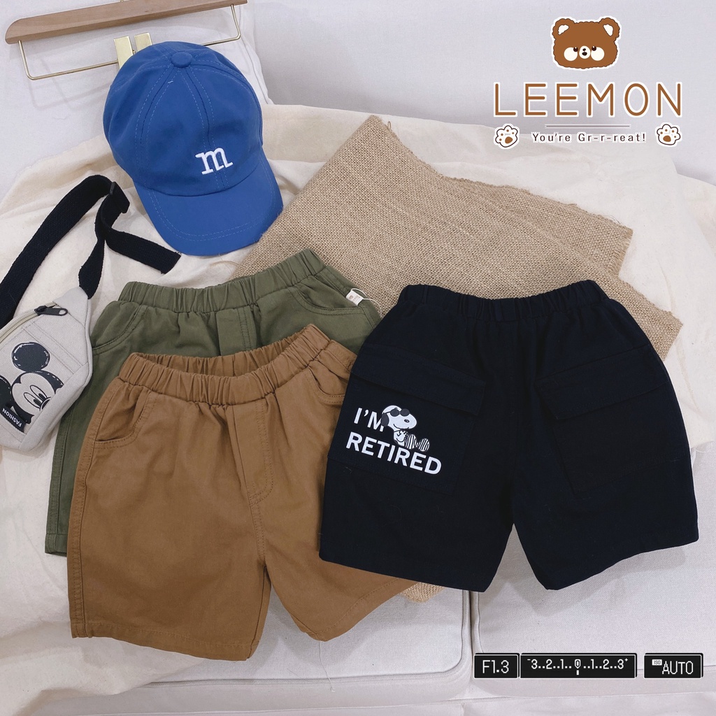 Quần short bé trai LEEMON Q019 quần kaki bé trai túi sau in SNOOPY chất mềm mịn, thoáng mát, PAPALEMON