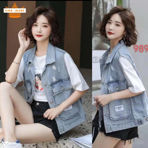 Áo Khoác Gile Bò Nữ LV KINGJEANS, Áo Gile Denim Rách Có Túi Cổ Bẻ Cá Tính Quảng Châu 989