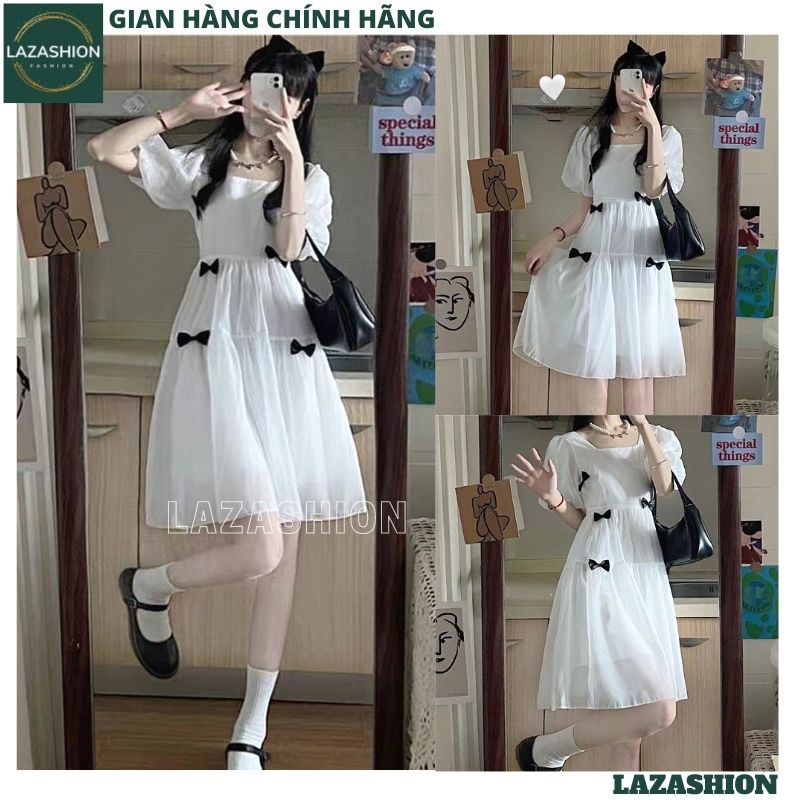 Váy babydoll TRẮNG ĐÍNH NƠ cổ vuông siêu xinh cho nàng, Đầm tiểu thơ xinh xắn HOT TREND công chúa bánh bèo - LAZA