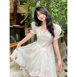 Đầm hoa cổ vuông viền bèo tà lệch