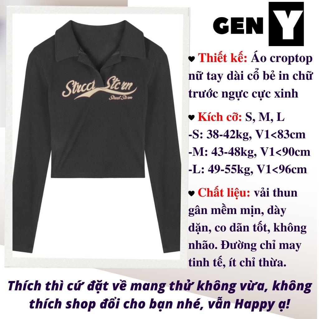Áo croptop tay dài cổ bẻ in chữ cực xinh GenY, Áo kiểu thun dài tay ôm body cực tôn dáng -ADT30-