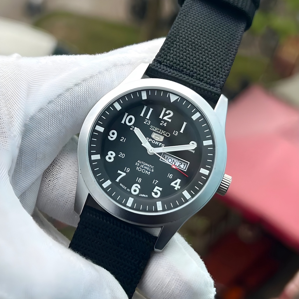 Đồng Hồ Nam Seiko 5 Quân Đội Dây Dù - Máy Pin Kim Trôi - Hiển Thị Lịch Ngày & Lịch Thứ