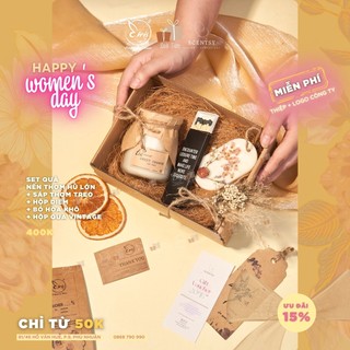 Set quà nến thơm hũ lớn + sáp thơm treo + hộp diêm + bó hoa khô + hộp quà vintage, quà tặng 8/3 xinh xắn ý nghĩa