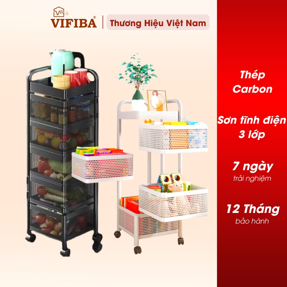 Kệ Xoay Đa Năng Nhà Bếp VIFIBA Vuông 5 Tầng 26x26x95cm Sơn Tĩnh Điện Thép Carbon không gỉ Màu Đen Trắng