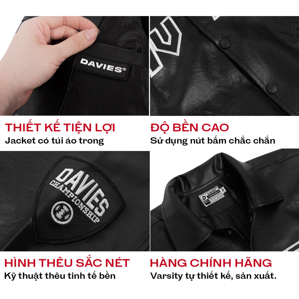 Áo khoác varsity jacket da nam nữ thêu chữ Davies Leather màu đen| D20-AK6