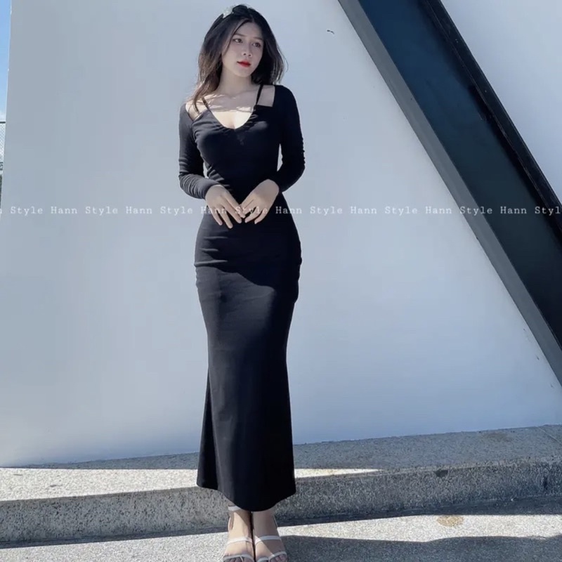 Đầm Body Dáng Dài Đuôi Cá Tay Dài Dây Cổ Sang chảnh Nữ Tính Thời Trang Nữ Nine Clothing