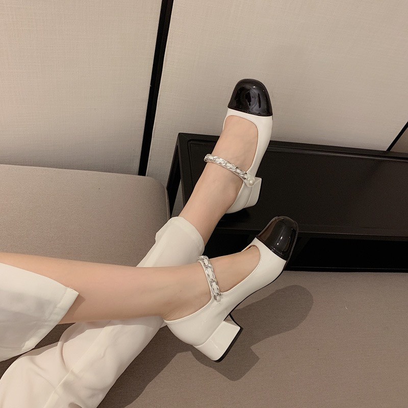 Giày cao gót da bóng quai ngang xích ngọc 7cm thời trang cực xinh