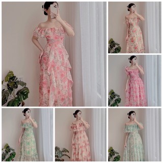 Đầm vintage hoa trễ vai