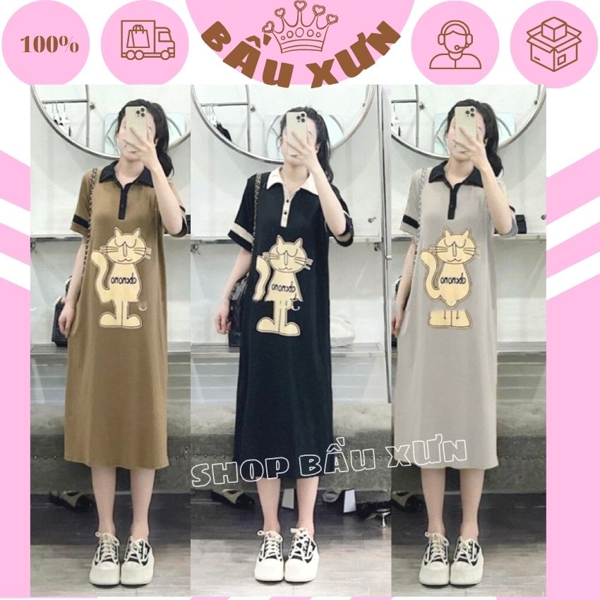 ĐẦM BẦU POLO DÁNG SUÔNG IN HÌNH MÈO DỄ THƯƠNG - ĐẦM BẦU MÙA HÈ CỰC XINH MẶC TRƯỚC VÀ SAU XINH FREESIZE