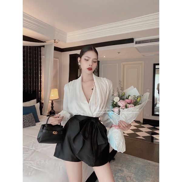 [Hàng đẹp]: Set áo lụa cổ V kèm quần tacta nơ