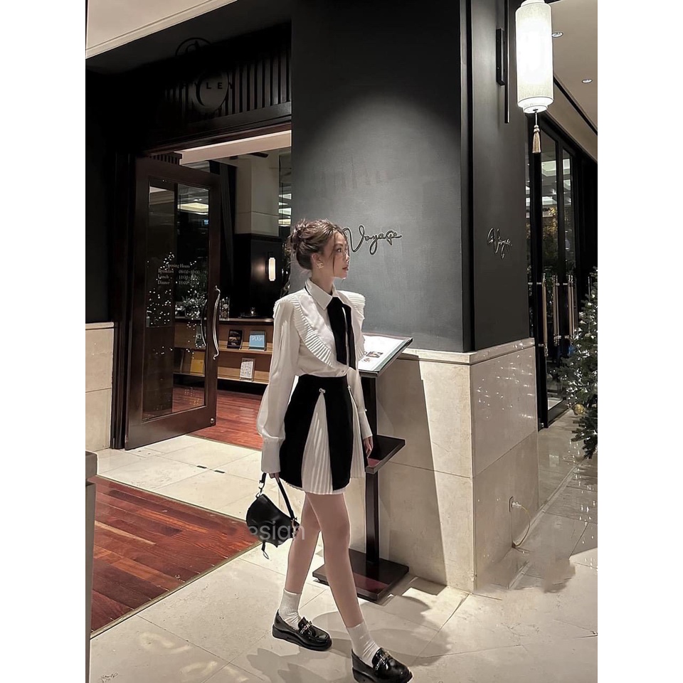 Set Áo Sơ Mi Bèo, Phối Nơ Mix Chân Váy Xếp Ly Cách Điệu, Phong Cách Hàn Quốc Sang Chảnh - phuonganh.vno0